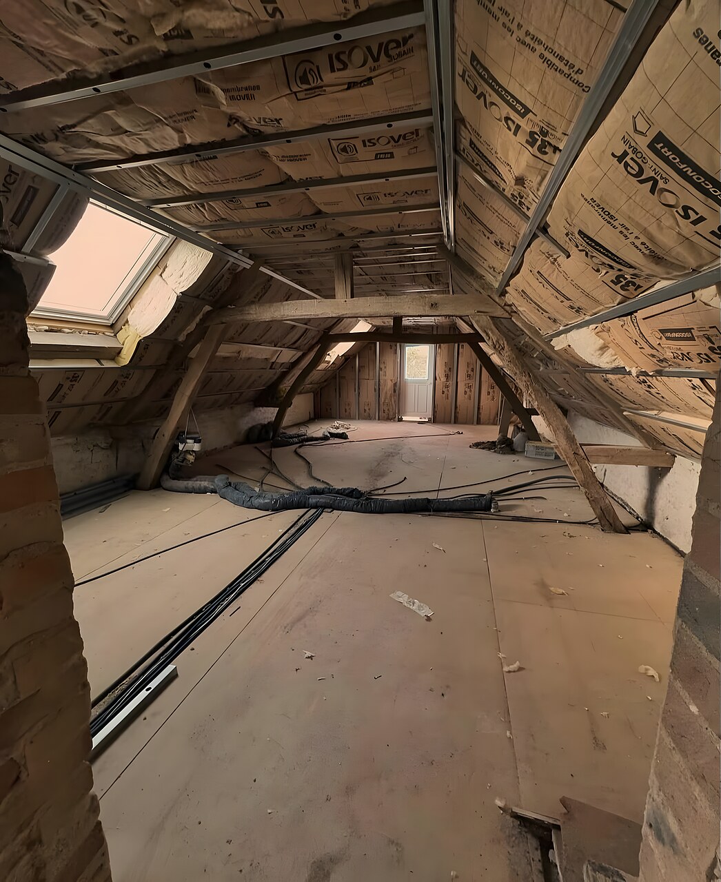 Combles avant aménagement : charpente apparente, isolant brut, sol en bois non fini