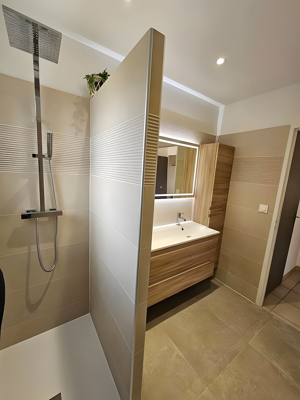 Salle de bain après rénovation : douche italienne, carrelage grand format, meuble vasque bois et miroir LED